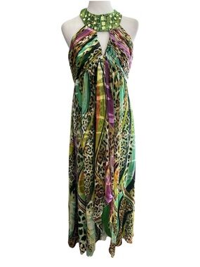 Cachet Party Cocktail Silk Green Multi-Print Beaded Halter Maxi Dress size 6